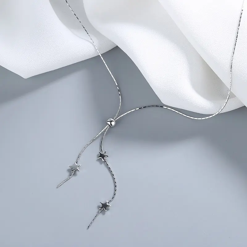 Fashion Silver Color Long Tassel Star Pull Necklaces for Women Girls Simple Elegant Clavicle Chains Choker Jewelry Collares