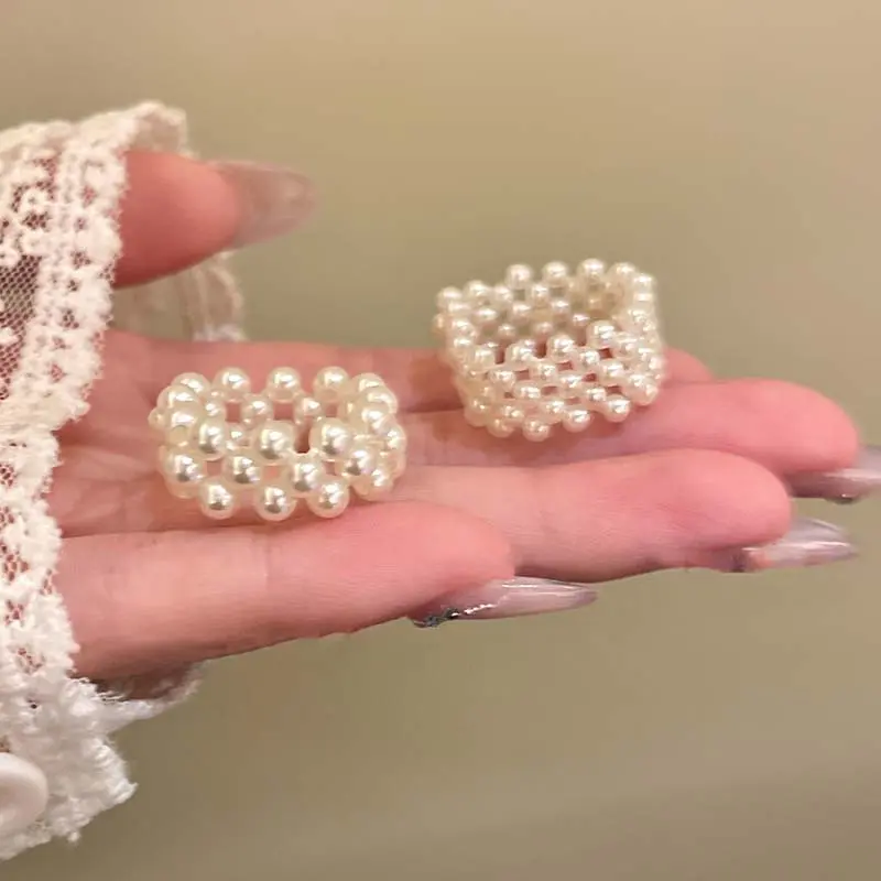 2025 New Korean White Multilayer Imitation Pearl Rings For Women Elegant Handmade Beaded Elastic Ring Wedding Jewelry Gifts