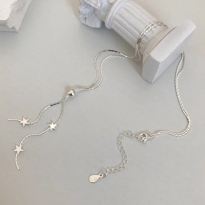 Fashion Silver Color Long Tassel Star Pull Necklaces for Women Girls Simple Elegant Clavicle Chains Choker Jewelry Collares