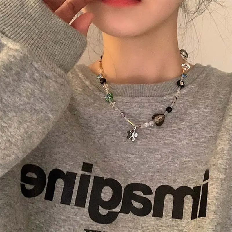 Korean Crystal Flower Love Pendant Necklace for Women 2024 New Trendy Beaded Choker Necklace Y2K Jewelry Accessories
