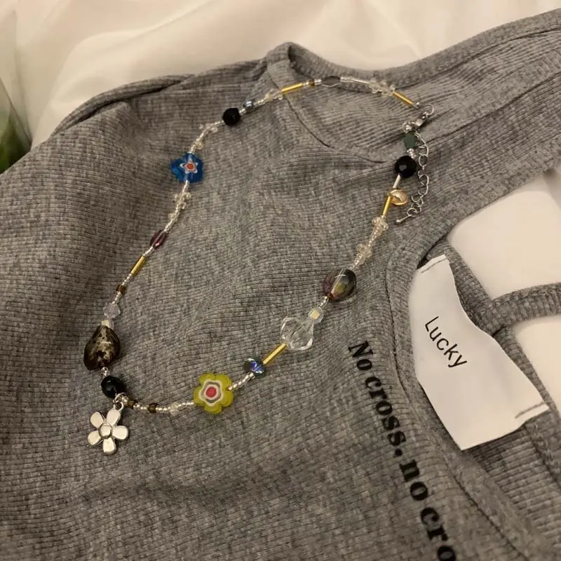 Korean Crystal Flower Love Pendant Necklace for Women 2024 New Trendy Beaded Choker Necklace Y2K Jewelry Accessories