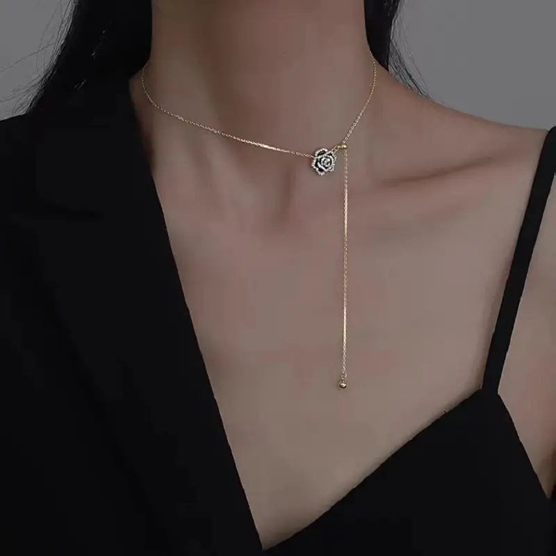 New Fashion Elegant Black Camellia Necklace for Women Girls Korean Sweet Flower Necklace Party Jewelry Accessories