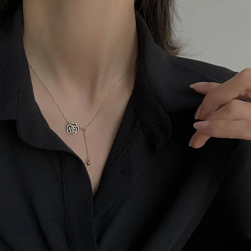 New Fashion Elegant Black Camellia Necklace for Women Girls Korean Sweet Flower Necklace Party Jewelry Accessories