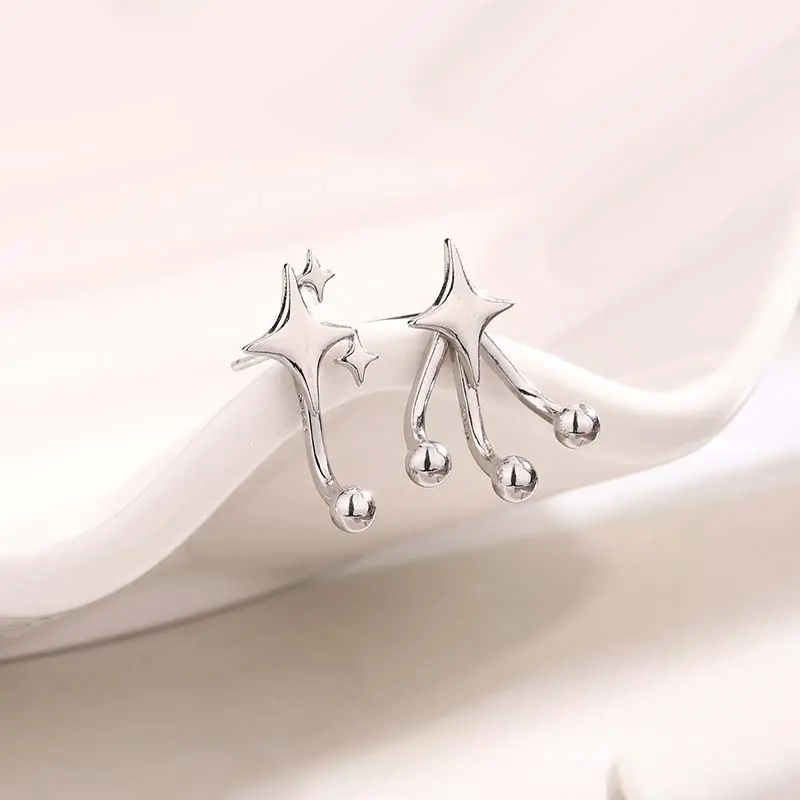 Fashion Silver Color Four Pointed Star Stud Earrings For Women Girl Simple Metal Round Bead Asymmetric Star Earrings Jewelry