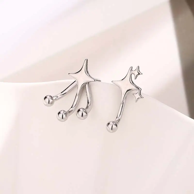 Fashion Silver Color Four Pointed Star Stud Earrings For Women Girl Simple Metal Round Bead Asymmetric Star Earrings Jewelry