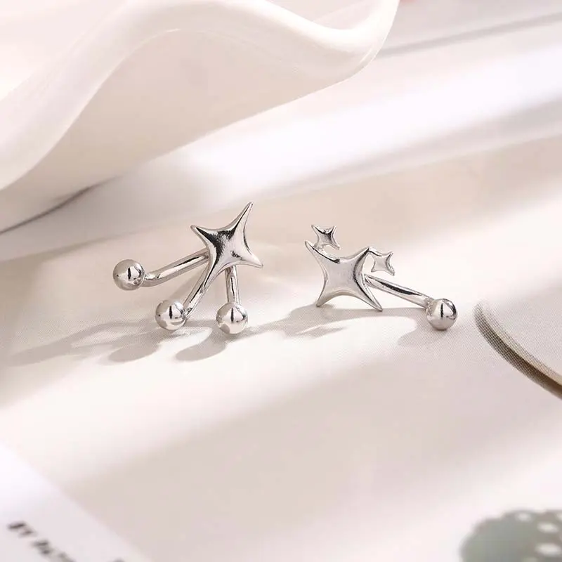 Fashion Silver Color Four Pointed Star Stud Earrings For Women Girl Simple Metal Round Bead Asymmetric Star Earrings Jewelry