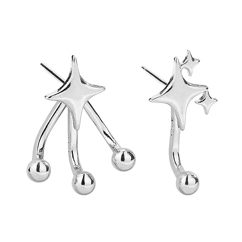 Fashion Silver Color Four Pointed Star Stud Earrings For Women Girl Simple Metal Round Bead Asymmetric Star Earrings Jewelry