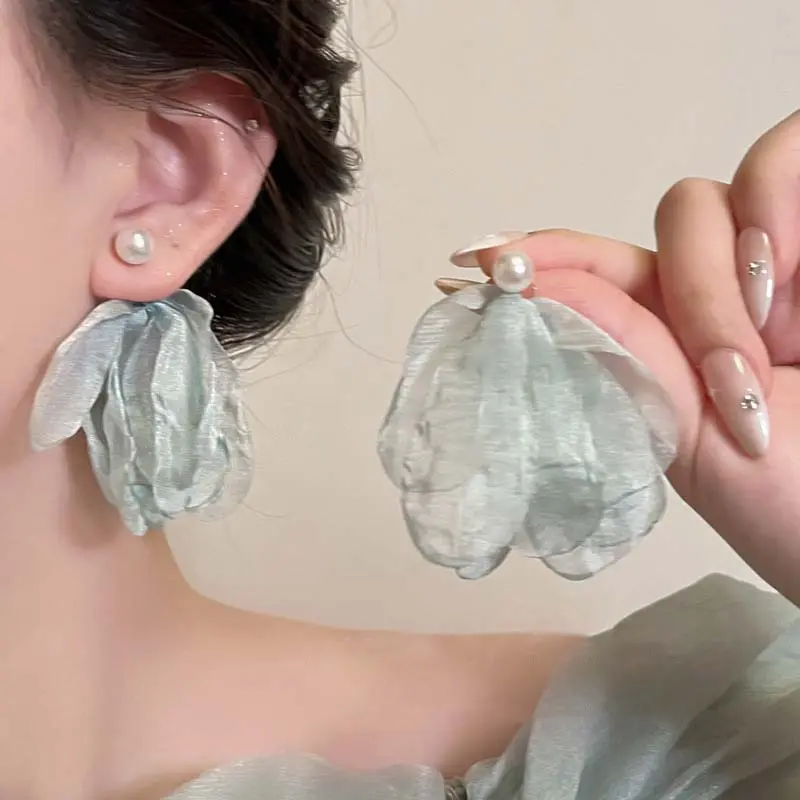 Korean Pink Lace Flower Pearl Tassel Earrings For Women Girls Sweet Petal Long Dangle Earrings Jewelry Accessories Bijoux