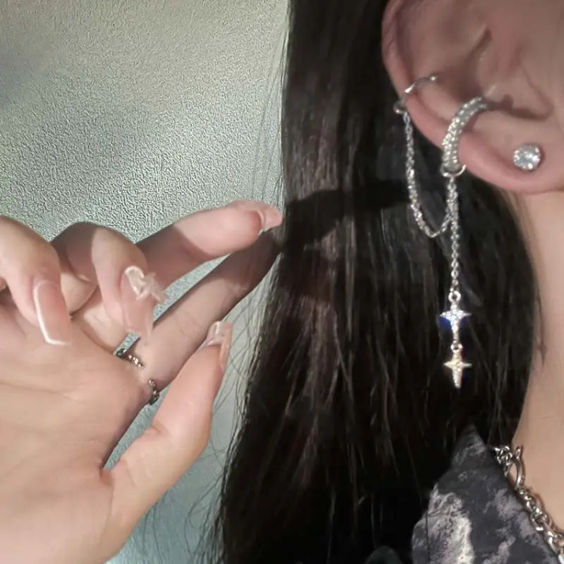 Shiny Silver Color Crystal Cross Star Tassel Ear Clip for Women Trendy Rhinestone Long Fake Cartilage Piercing Ear Cuff Jewelry