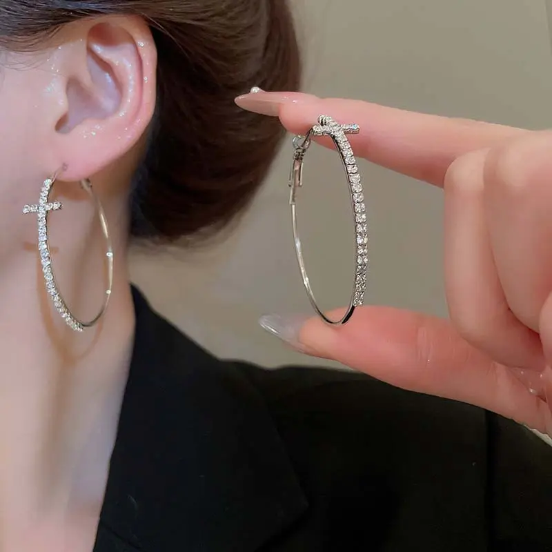 Luxury Rhinestone Cross Hoop Earrings For Women Exaggerated Big Circle Geometric Statement Earrings Wedding Jewelry Gift