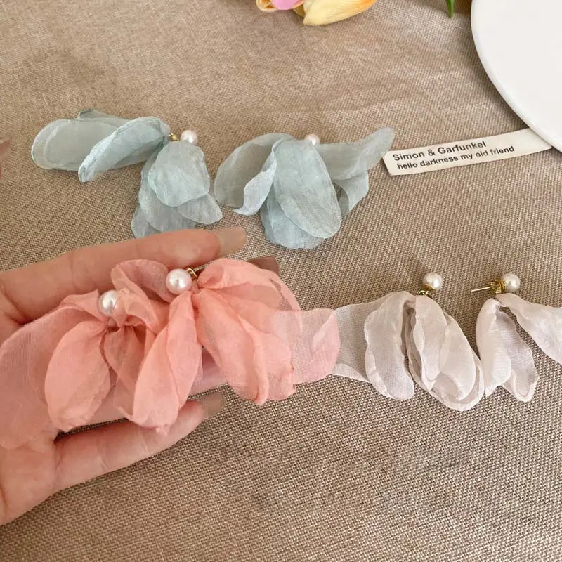 Korean Pink Lace Flower Pearl Tassel Earrings For Women Girls Sweet Petal Long Dangle Earrings Jewelry Accessories Bijoux