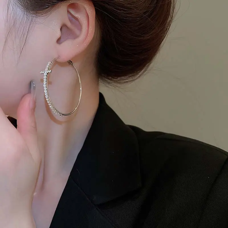 Luxury Rhinestone Cross Hoop Earrings For Women Exaggerated Big Circle Geometric Statement Earrings Wedding Jewelry Gift