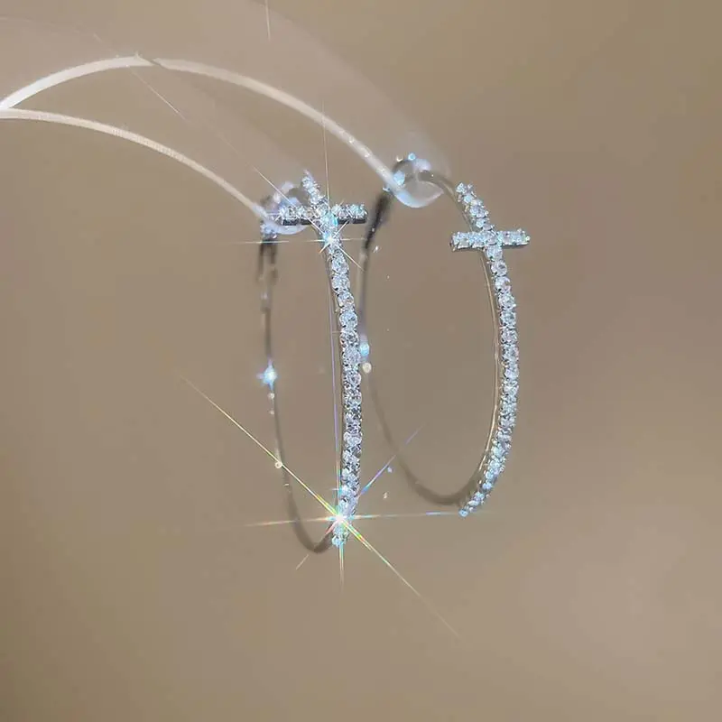 Luxury Rhinestone Cross Hoop Earrings For Women Exaggerated Big Circle Geometric Statement Earrings Wedding Jewelry Gift