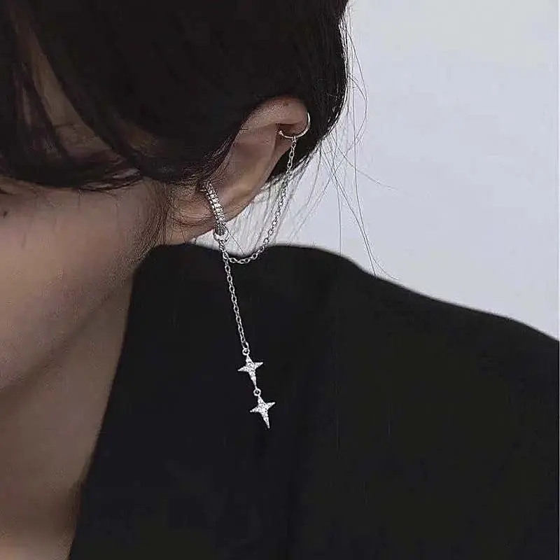 Shiny Silver Color Crystal Cross Star Tassel Ear Clip for Women Trendy Rhinestone Long Fake Cartilage Piercing Ear Cuff Jewelry