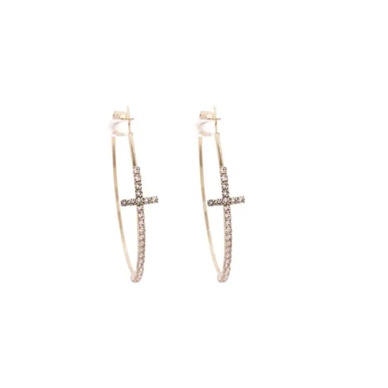 Luxury Rhinestone Cross Hoop Earrings For Women Exaggerated Big Circle Geometric Statement Earrings Wedding Jewelry Gift