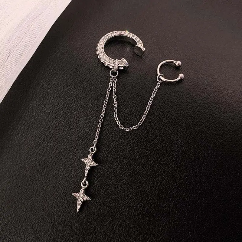 Shiny Silver Color Crystal Cross Star Tassel Ear Clip for Women Trendy Rhinestone Long Fake Cartilage Piercing Ear Cuff Jewelry