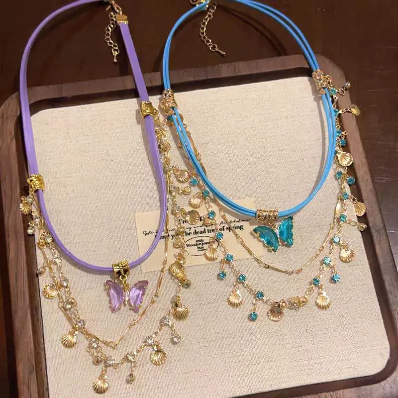 Luxury Blue Zircon Double layered Butterfly Tassel Necklace For Women Exquisite Crystal Clavicle Chain Necklace Y2K Jewelry