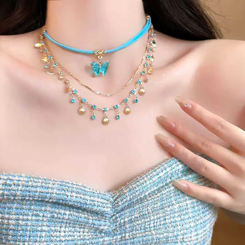 Luxury Blue Zircon Double layered Butterfly Tassel Necklace For Women Exquisite Crystal Clavicle Chain Necklace Y2K Jewelry