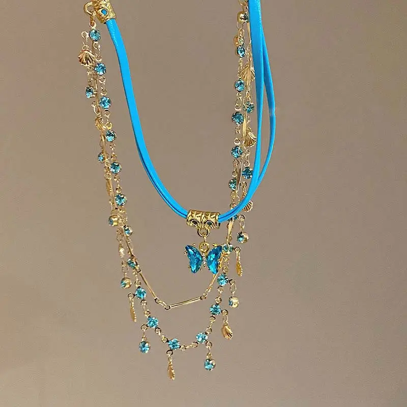 Luxury Blue Zircon Double layered Butterfly Tassel Necklace For Women Exquisite Crystal Clavicle Chain Necklace Y2K Jewelry
