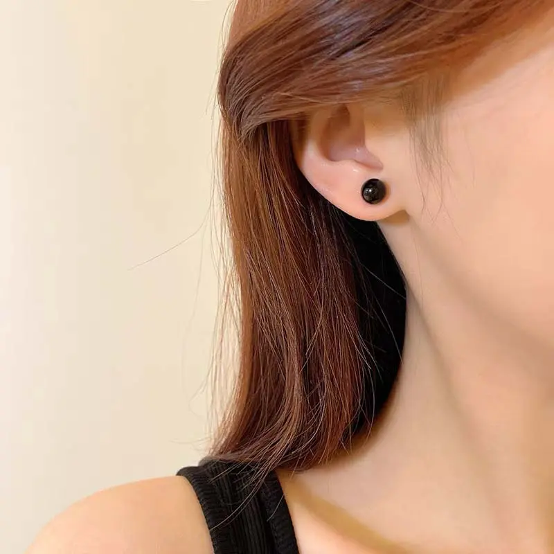 2025 Korean Black Round Imitation Pearl Stud Earrings For Women Elegant Romantic Temperament Earrings Wedding Jewelry Gift