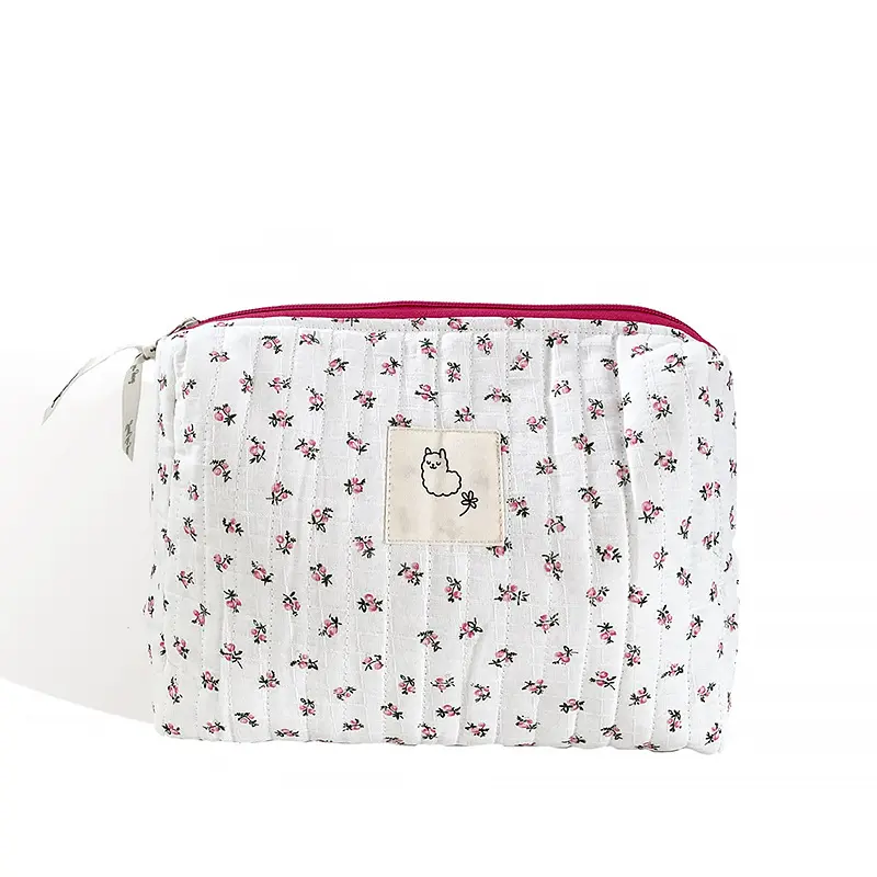Korean Quilted Makeup Bag For Women Cosmetic Storage Bag Portable Toiletry Bags Female Beauty Case Cotton Floral Cosmetic Pouch