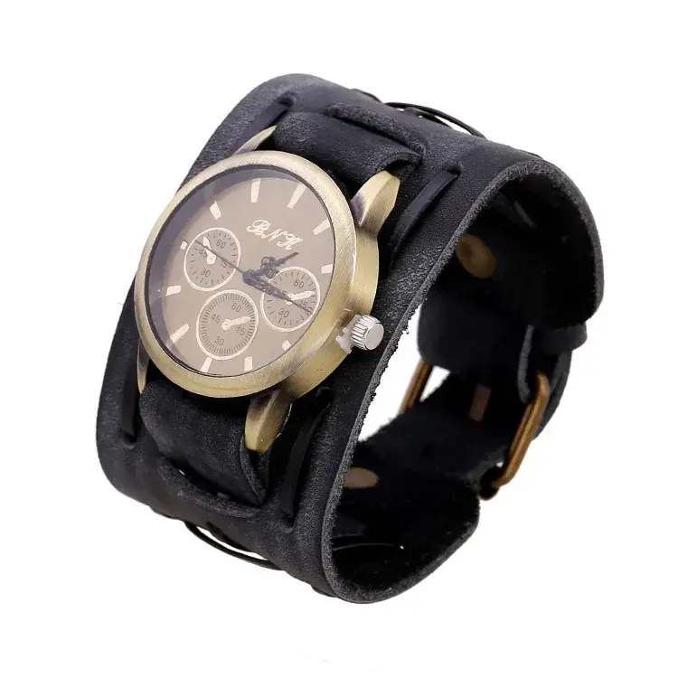Relogio Masculi Retro Big Wide Genuine Leather Strap Watch Men Punk  Quartz Cuff Watch Wristwatches Bracelet Unusual Wrist Watch