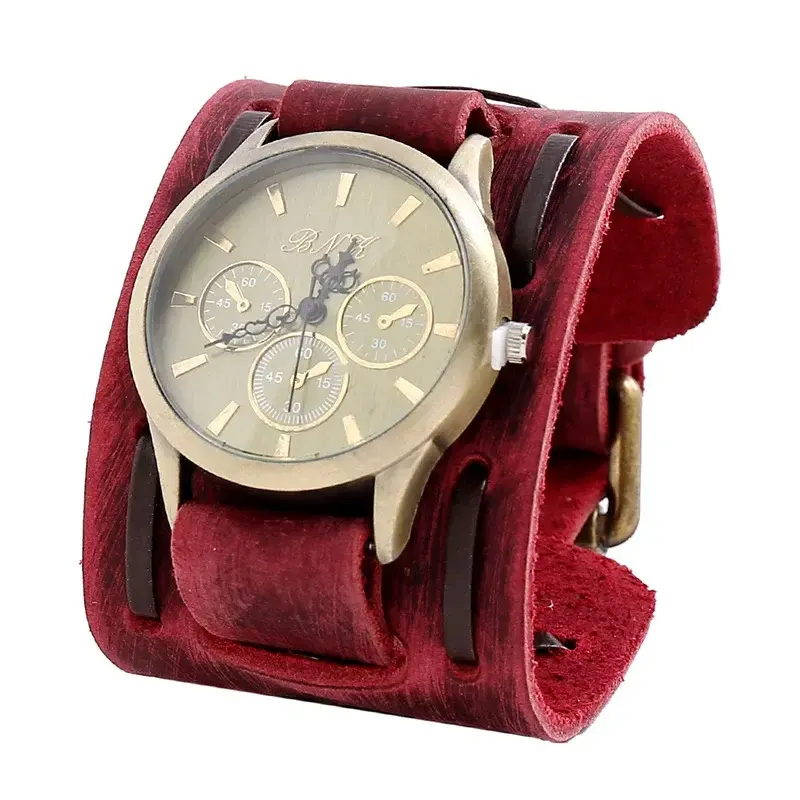 Relogio Masculi Retro Big Wide Genuine Leather Strap Watch Men Punk  Quartz Cuff Watch Wristwatches Bracelet Unusual Wrist Watch