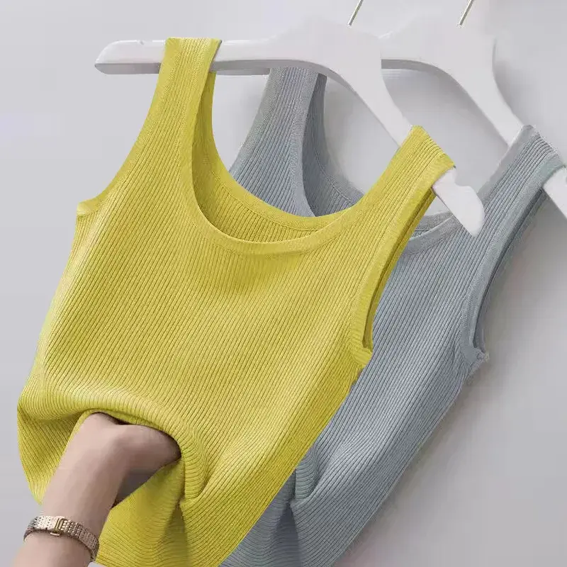 Summer Knit Vest Top Sexy Sleeveless O Neck Women Camisole Pure Color Black White T-shirt Solid Color Large Size Slim Tank Top