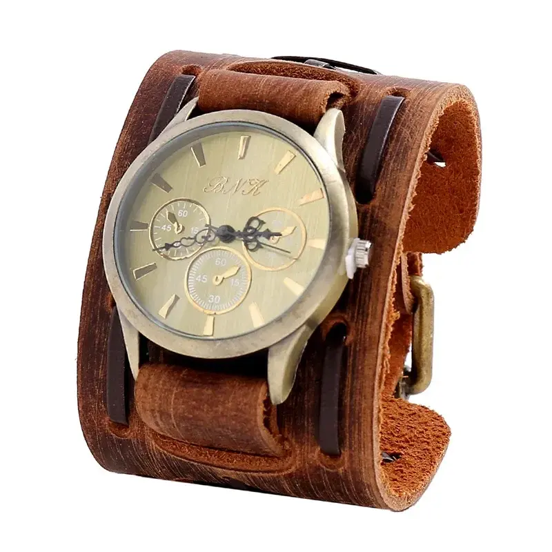Relogio Masculi Retro Big Wide Genuine Leather Strap Watch Men Punk  Quartz Cuff Watch Wristwatches Bracelet Unusual Wrist Watch