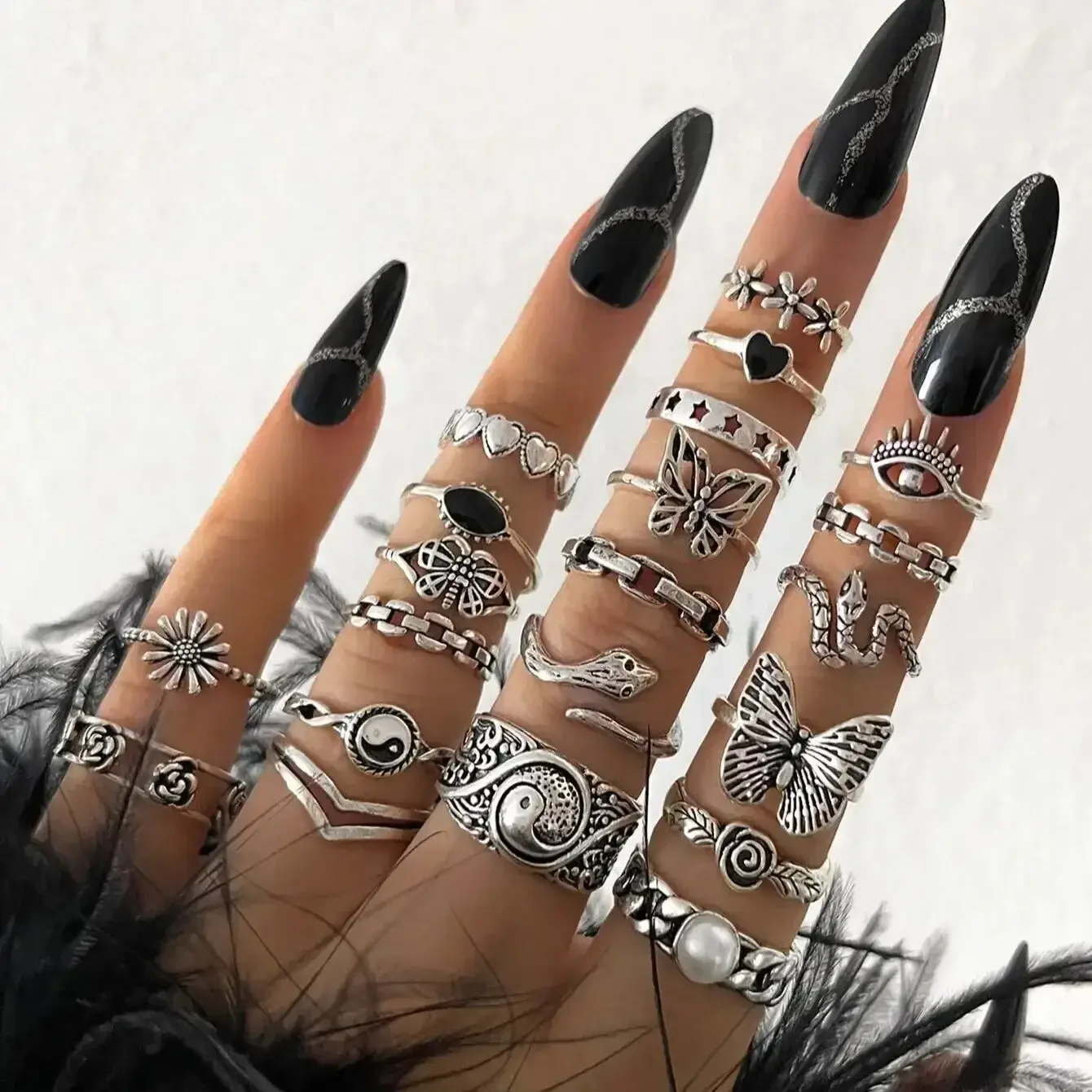 21pcs Set Punk Style Butterfly Heart Stainless Steel Ring and Tai Chi Design Multi-element Snake Rings Set Кольца Женские Кольцо