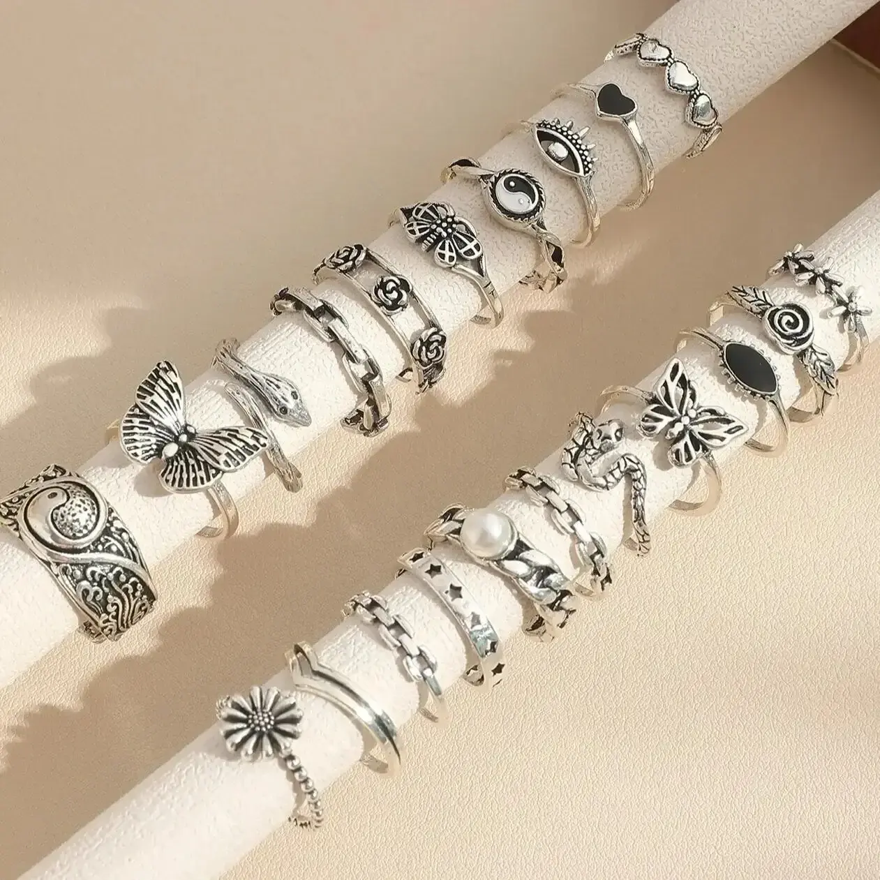 21pcs Set Punk Style Butterfly Heart Stainless Steel Ring and Tai Chi Design Multi-element Snake Rings Set Кольца Женские Кольцо