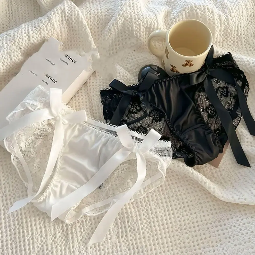 Breathable Hollow out Lace Bow Panties Solid Color Low-Waist Seamless Briefs with Cotton Crotch for Women Female Lingerie