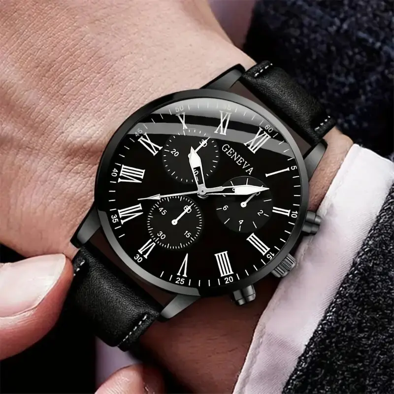 2PCS/Set Fashion Men Watches Casual Leather Band Analog Quartz Wrist Watch for Men Business Clock Gift Jewelry Set（Without Box）