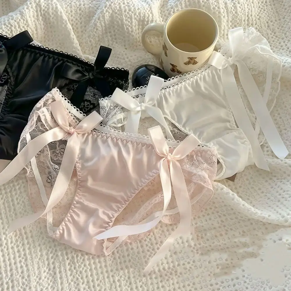 Breathable Hollow out Lace Bow Panties Solid Color Low-Waist Seamless Briefs with Cotton Crotch for Women Female Lingerie
