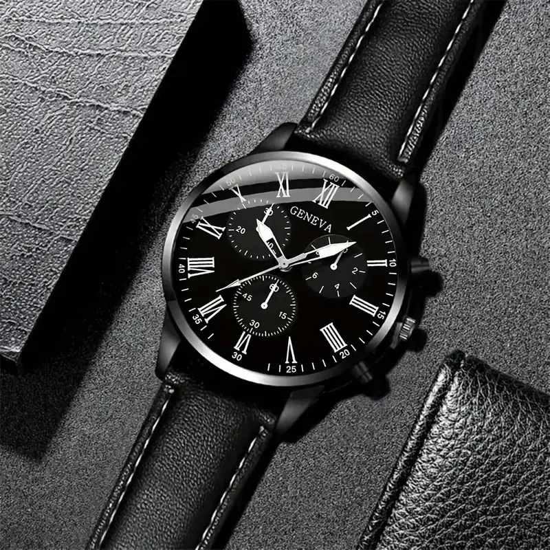 2PCS/Set Fashion Men Watches Casual Leather Band Analog Quartz Wrist Watch for Men Business Clock Gift Jewelry Set（Without Box）