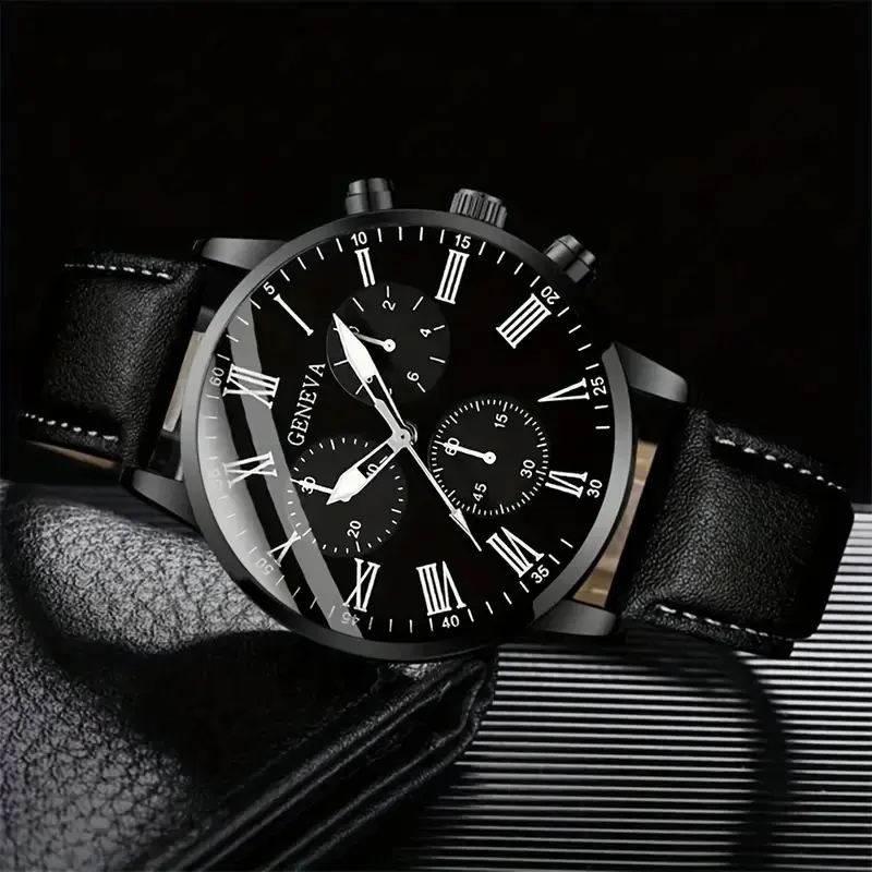 2PCS/Set Fashion Men Watches Casual Leather Band Analog Quartz Wrist Watch for Men Business Clock Gift Jewelry Set（Without Box）