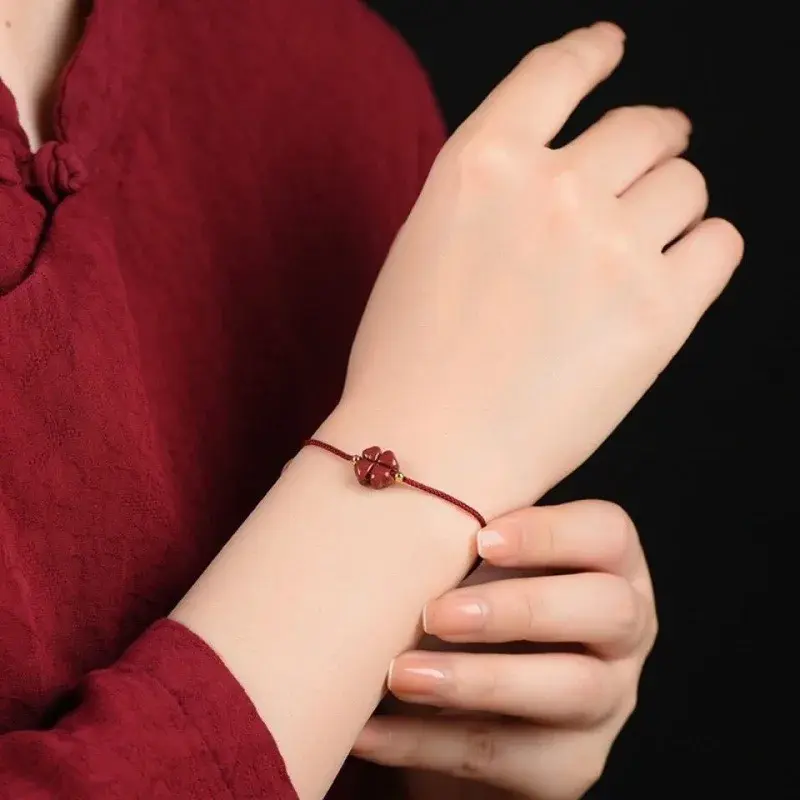 Natural Purple Cinnabar Lucky Clover Handmade Red Rope Lucky Bangle Women Men Lucky Anklets Bracelet Size Adjust Набор Цепочек