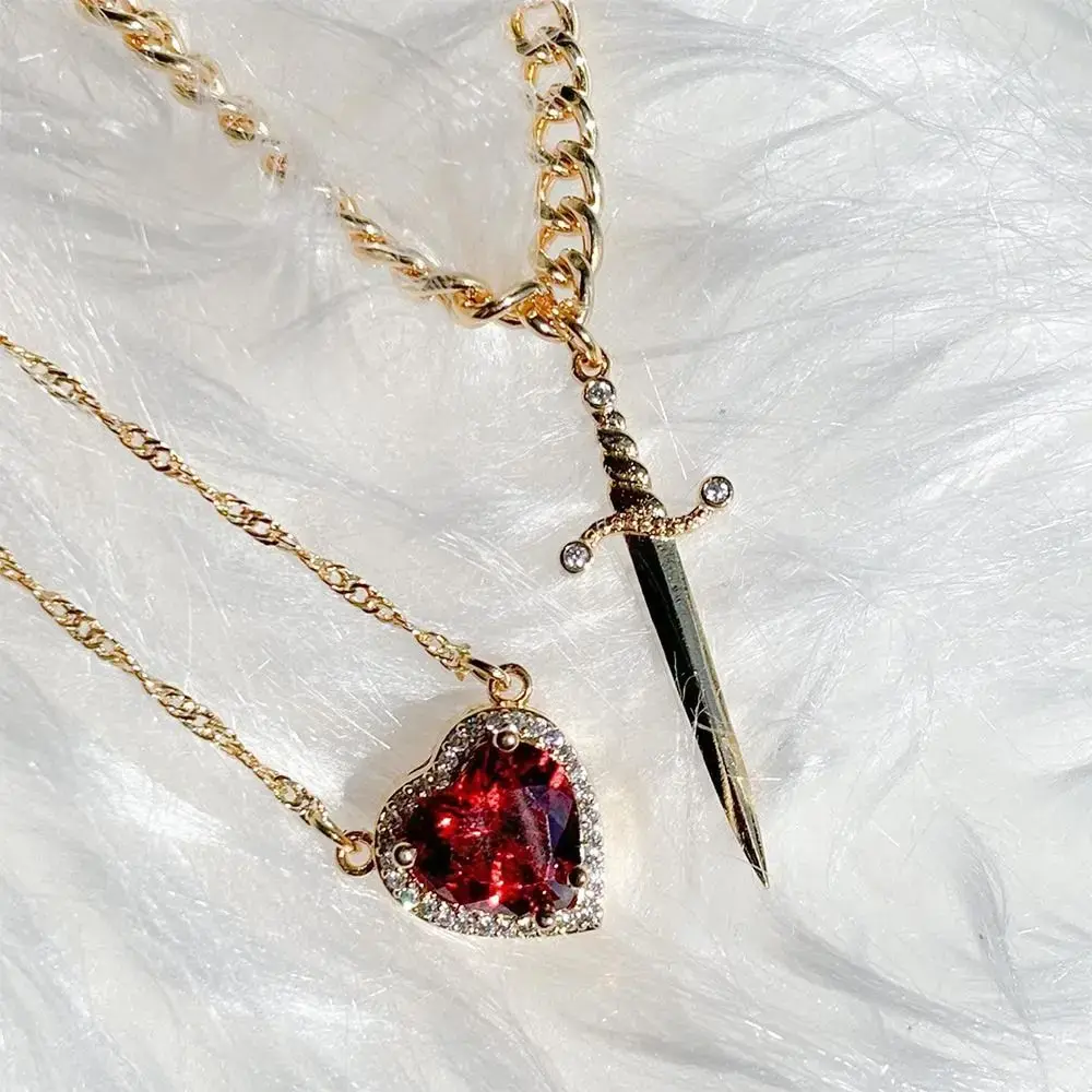 Heart and Sword Necklace - Couple Necklaces - 18k Gold Plated STAINLESS STEEL Zircon Crystal Ring Bracelet Necklace Jewelry Set