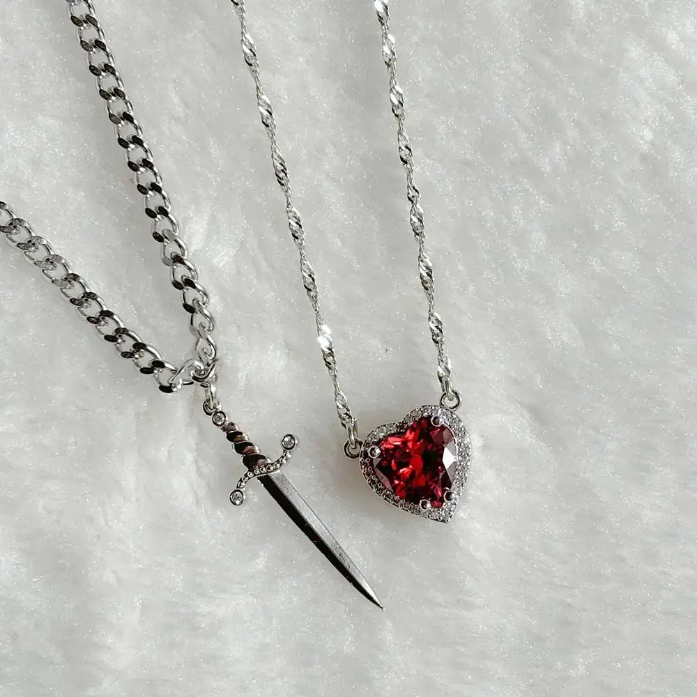 Heart and Sword Necklace - Couple Necklaces - 18k Gold Plated STAINLESS STEEL Zircon Crystal Ring Bracelet Necklace Jewelry Set