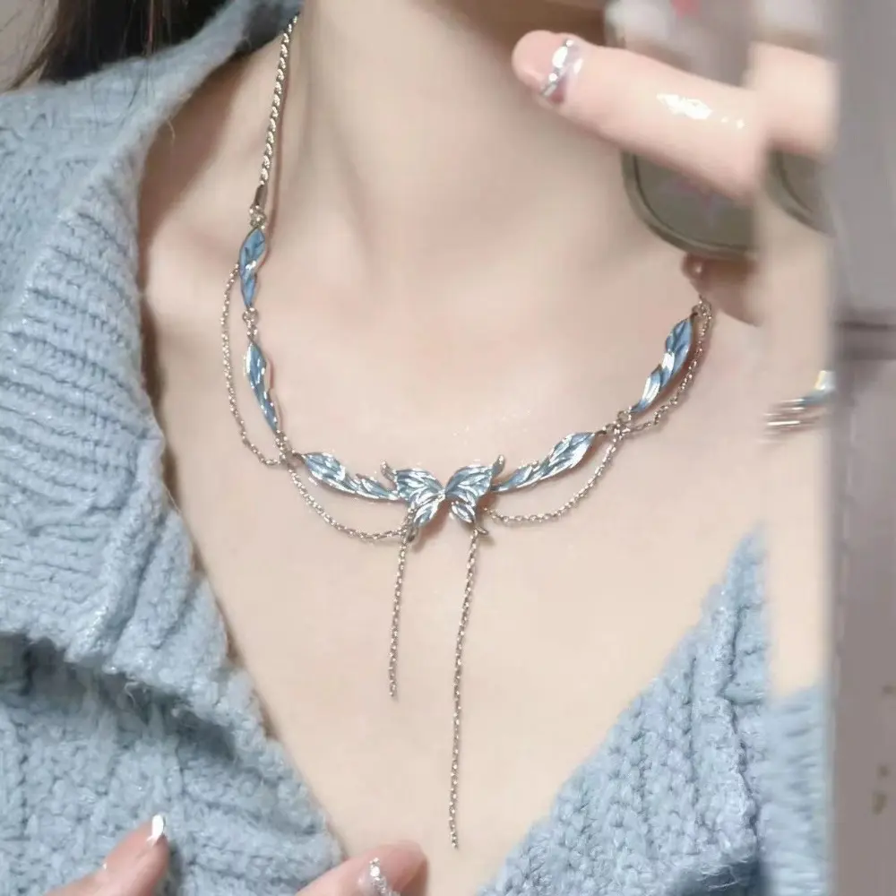 Zircon Butterfly Necklace Set Layer Blue Four-pointed Ins Style Light Luxury Clavicle Chain for Women Girlfriend Jewelry Gift