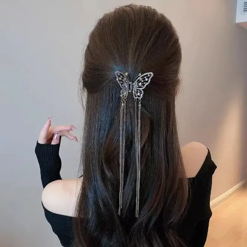 2025 New Super Immortal Hollow Butterfly Tassel Women's Grab Clip Half Tie Hair Fashion Girl Pearl Pendant Hair Card Shark Clip