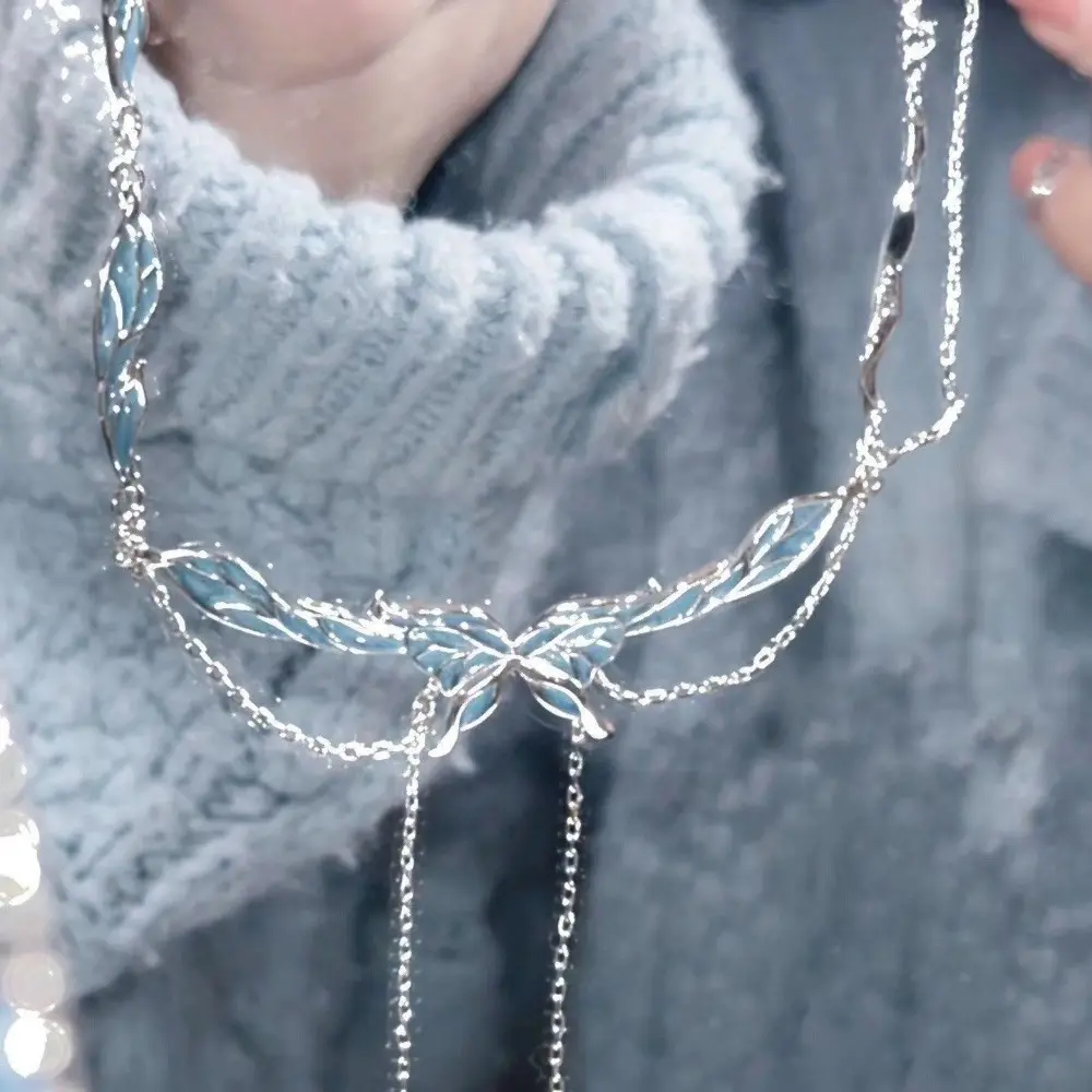 Zircon Butterfly Necklace Set Layer Blue Four-pointed Ins Style Light Luxury Clavicle Chain for Women Girlfriend Jewelry Gift