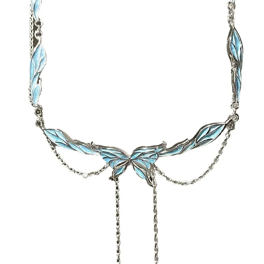 Zircon Butterfly Necklace Set Layer Blue Four-pointed Ins Style Light Luxury Clavicle Chain for Women Girlfriend Jewelry Gift