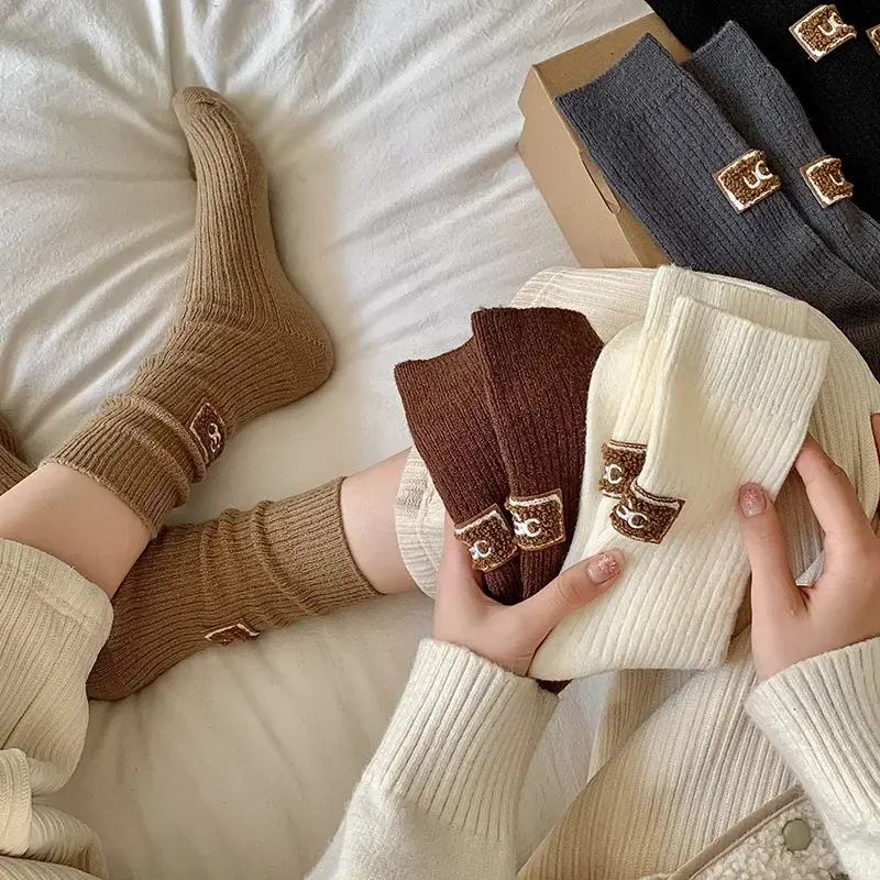 New Middle Tube Mid-Tube Socks Winter Warm Velvet Thickened Pile Socks Solid Knitted Keep Warm Snow Boot Socks Heel Furry Label