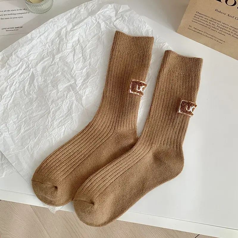 New Middle Tube Mid-Tube Socks Winter Warm Velvet Thickened Pile Socks Solid Knitted Keep Warm Snow Boot Socks Heel Furry Label