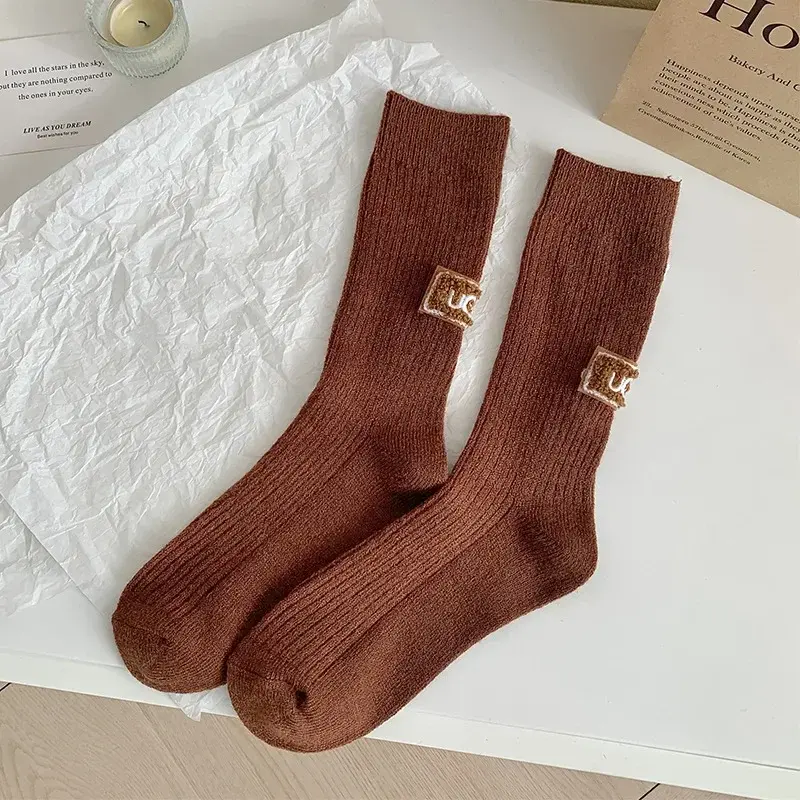 New Middle Tube Mid-Tube Socks Winter Warm Velvet Thickened Pile Socks Solid Knitted Keep Warm Snow Boot Socks Heel Furry Label