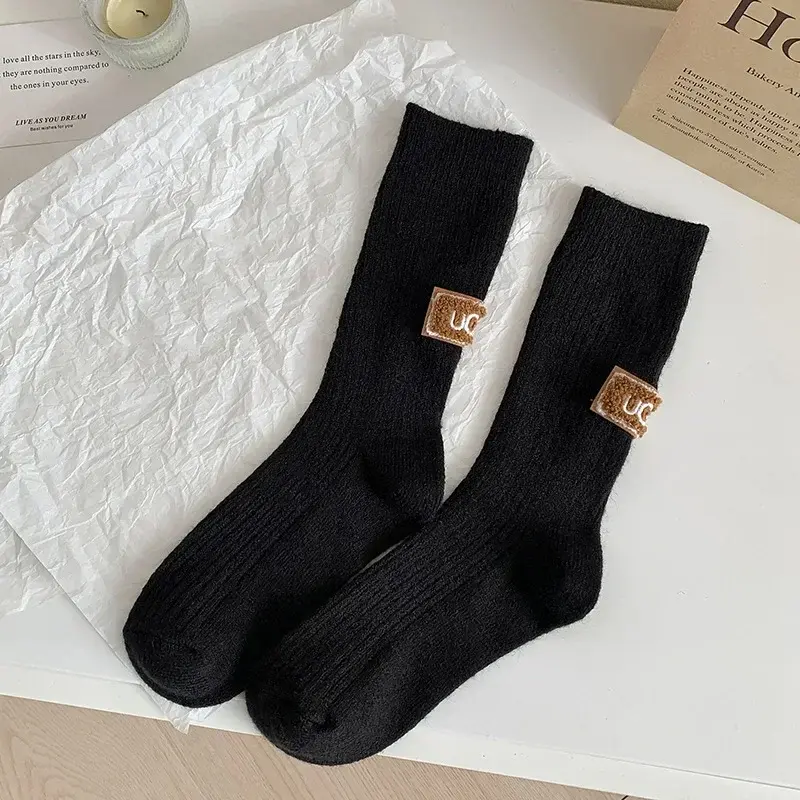 New Middle Tube Mid-Tube Socks Winter Warm Velvet Thickened Pile Socks Solid Knitted Keep Warm Snow Boot Socks Heel Furry Label