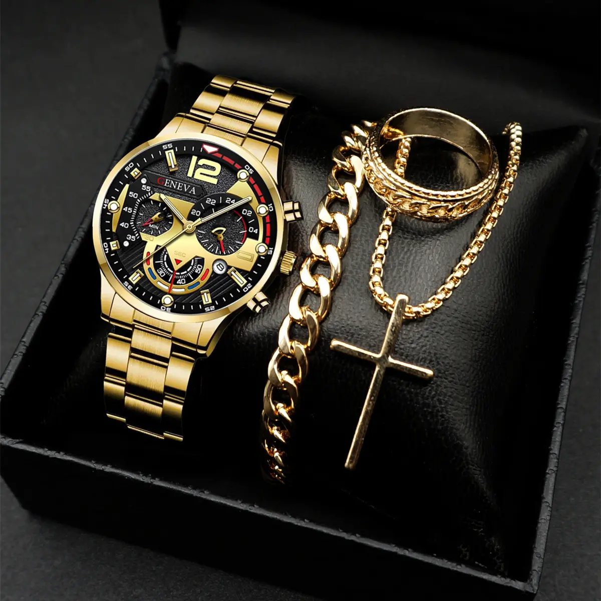 4pcs Set Fashion Mens Watches Luxury Steel Quartz Wristwatch Men Business Sports Wrist Watch Bracelet Necklace Ring Set No Box