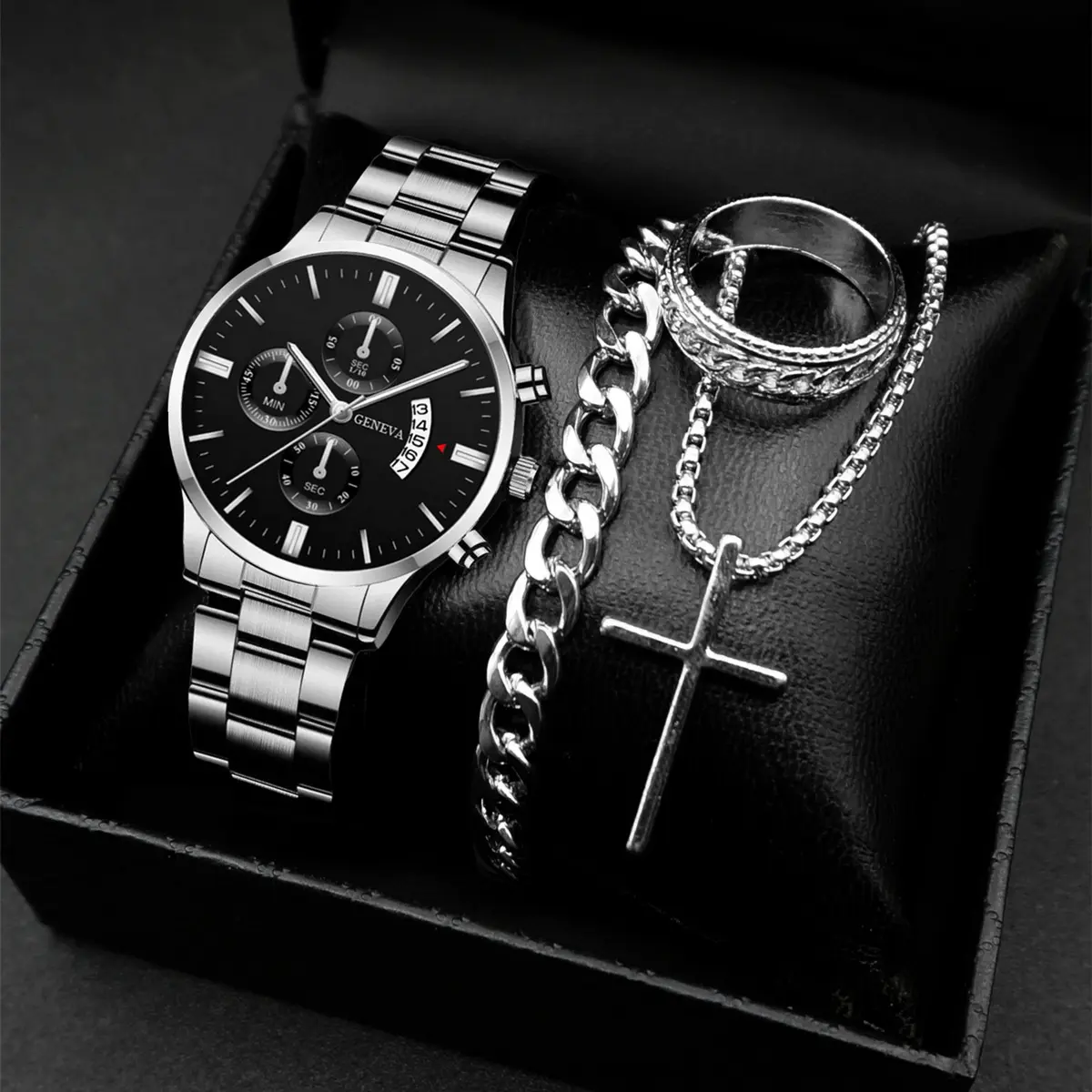 4pcs Set Fashion Mens Watches Luxury Steel Quartz Wristwatch Men Business Sports Wrist Watch Bracelet Necklace Ring Set No Box