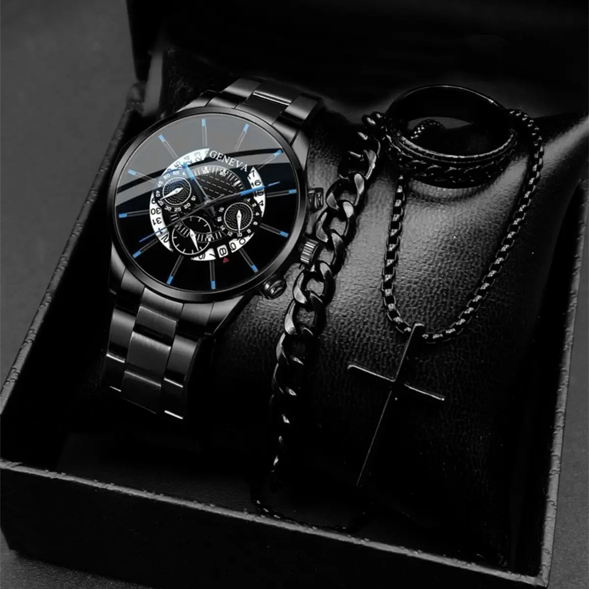 4pcs Set Fashion Mens Watches Luxury Steel Quartz Wristwatch Men Business Sports Wrist Watch Bracelet Necklace Ring Set No Box